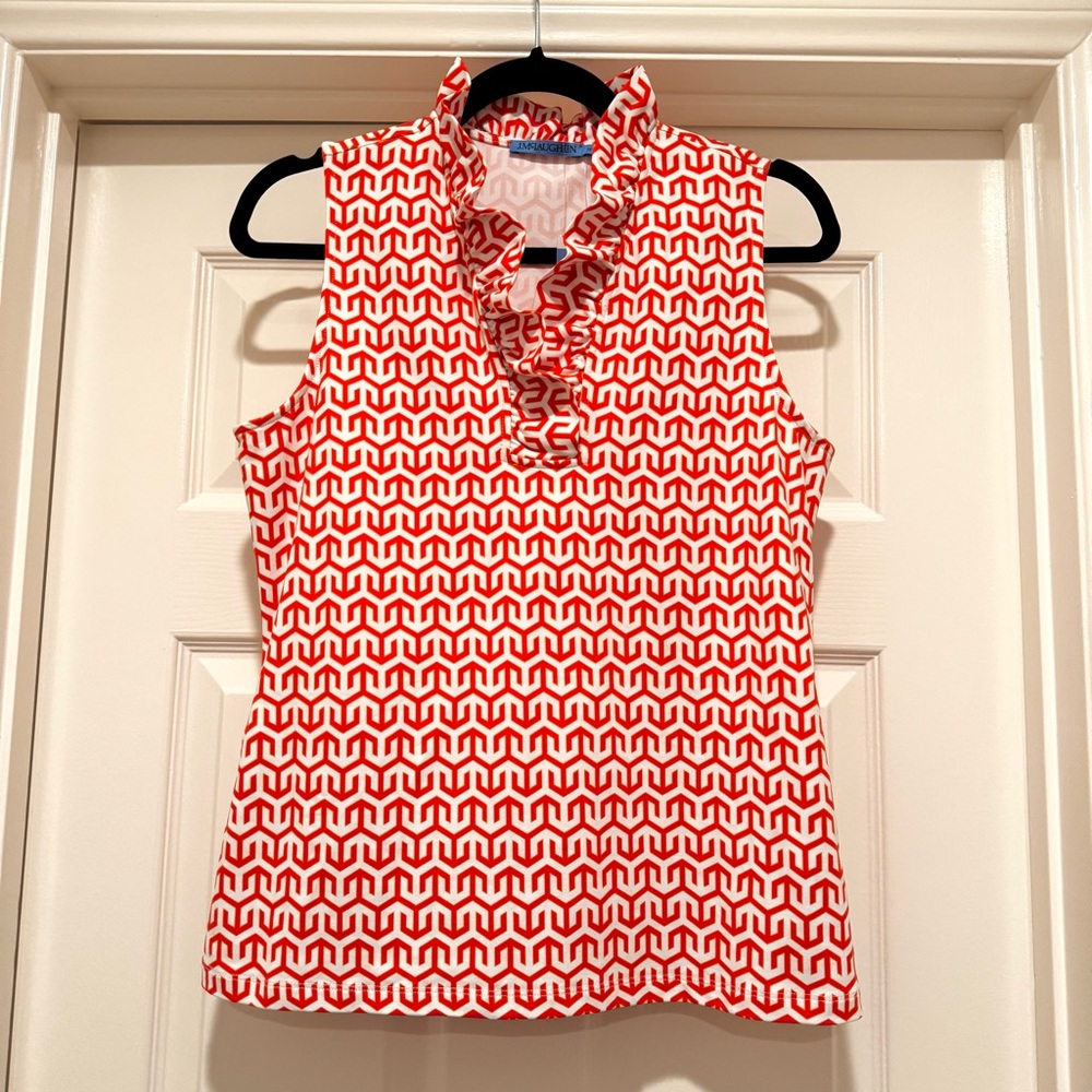 NWT $148 J. McLaughlin Sleeveless Durham Top White & Coral Sky Lattice Ruffle M